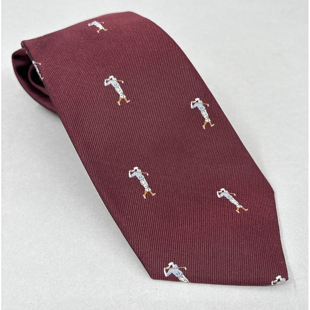 Allen Edmonds Tie Mens Burgundy Silk Golf Golfer‎ Print Necktie Handmade USA